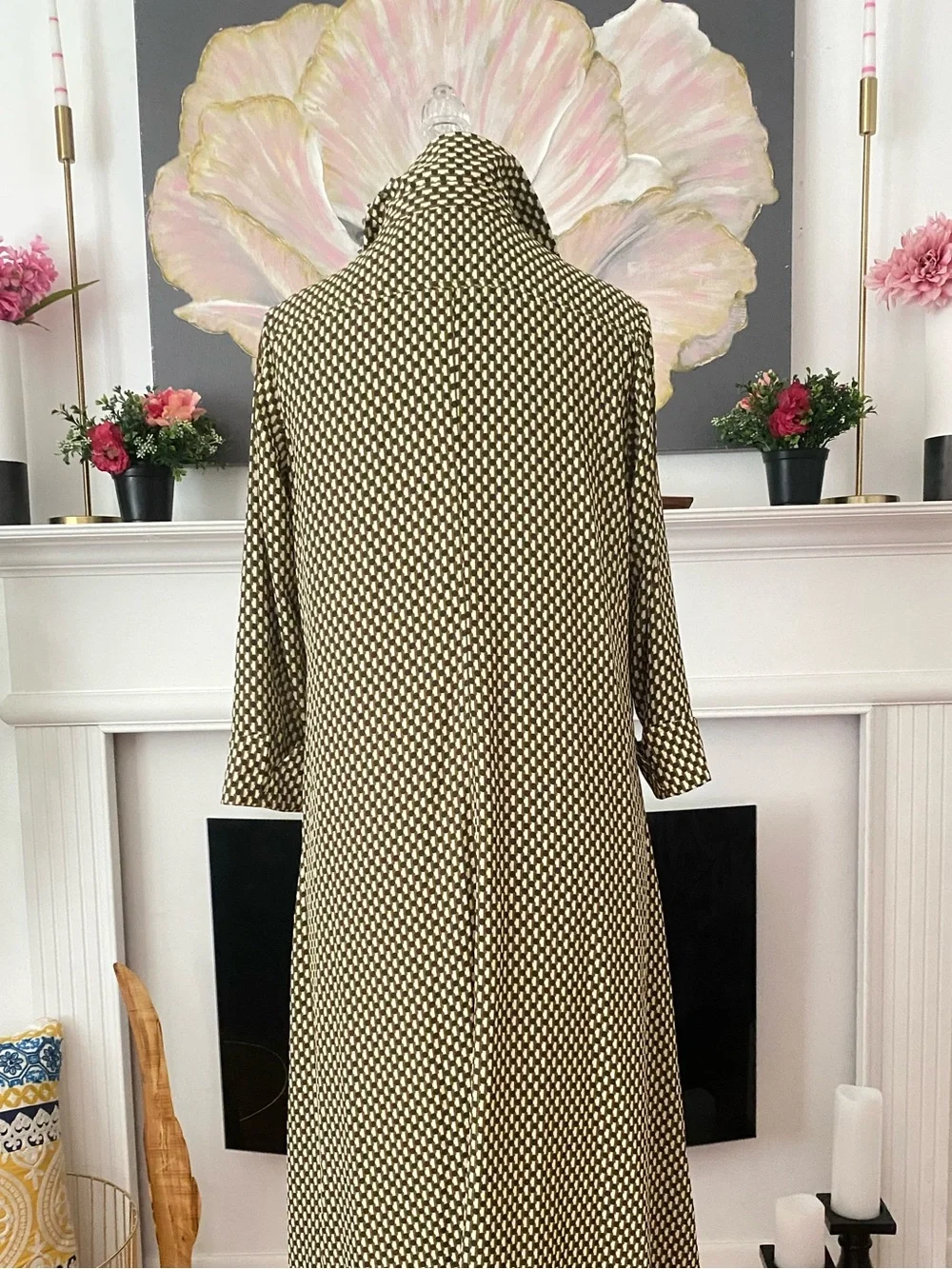 Green and Cream Geometric 3/4 Sleeve Maxi Dress